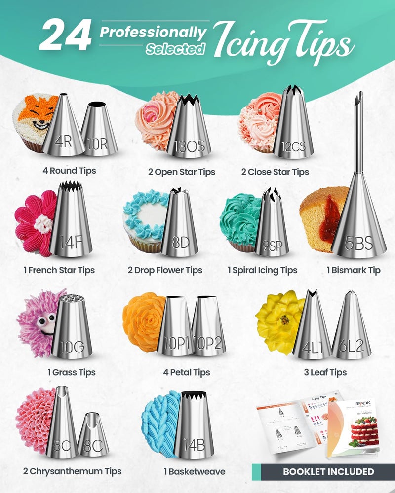 RFAQK 64PCs Cake Decorating Kit with Leveler, Baking Supplies Gift Includes Cake Stand Turntable, 24 Numbered Icing Tips, 30+1 Piping Bags, 2 Frosting Spatulas, 3 Scrappers, Video Course & Booklet - Image 4
