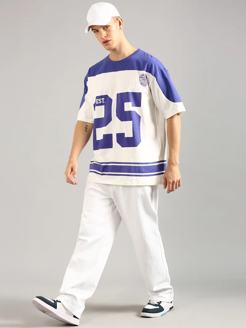 Joven Men White and Violet Printed Cut & Sew Pure Cotton Oversized T-Shirt