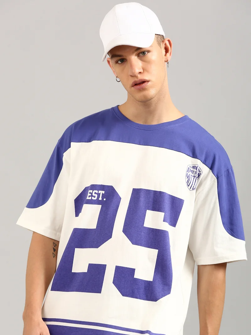 Joven Men White and Violet Printed Cut & Sew Pure Cotton Oversized T-Shirt