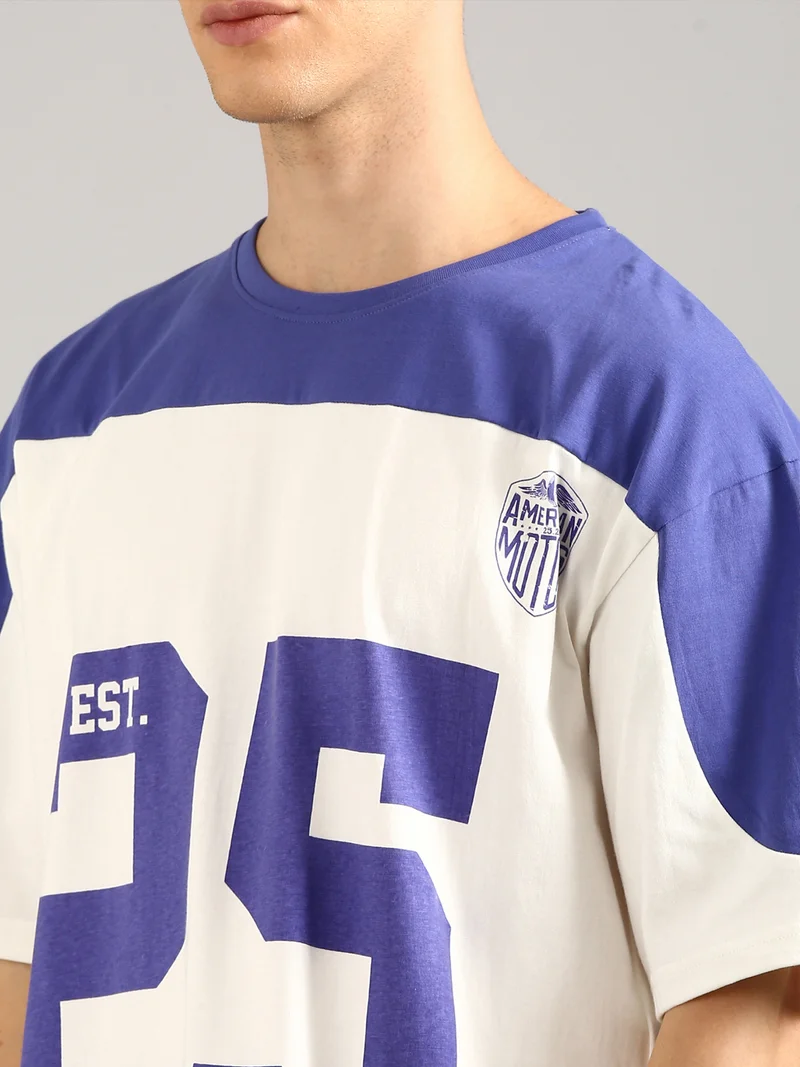 Joven Men White and Violet Printed Cut & Sew Pure Cotton Oversized T-Shirt
