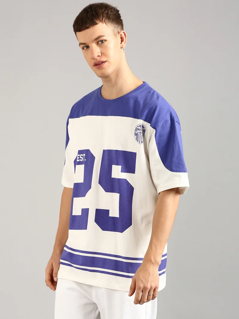 Joven Men White and Violet Printed Cut & Sew Pure Cotton Oversized T-Shirt