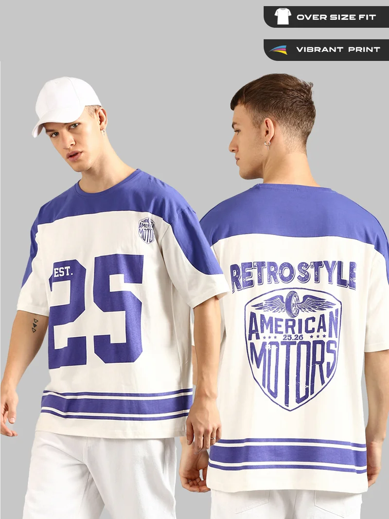 Joven Men White and Violet Printed Cut & Sew Pure Cotton Oversized T-Shirt