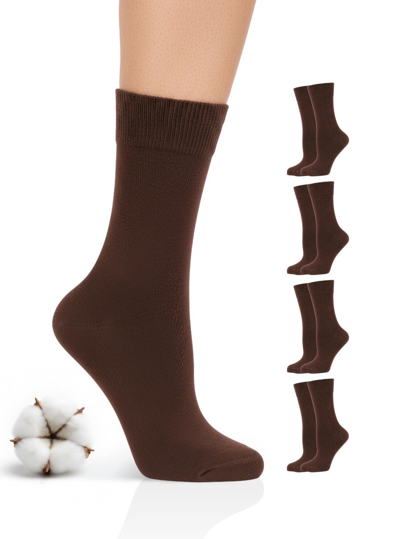 Hugh Ugoli Women's Cotton Crew Socks, Plain Color, Regular Fit, Soft Casual Socks for Trouser, 4 Pairs, Brown, Shoe Size: 9-12 - Image 1
