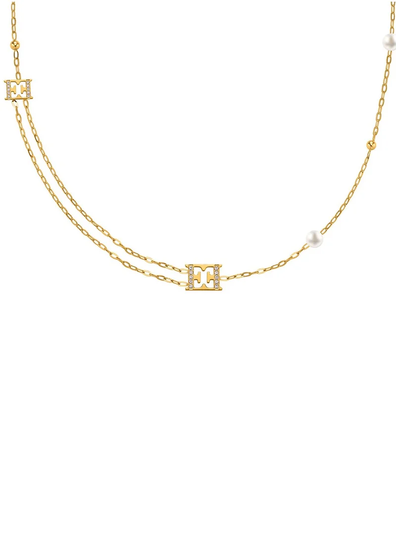 ESCADA Florence Necklace for Women Gold Plating, Beads and Crystals, Dangling Crystal-Embedded Logos, Unique Elegance