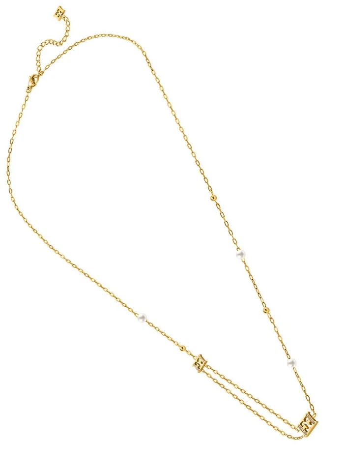 ESCADA Florence Necklace for Women Gold Plating, Beads and Crystals, Dangling Crystal-Embedded Logos, Unique Elegance