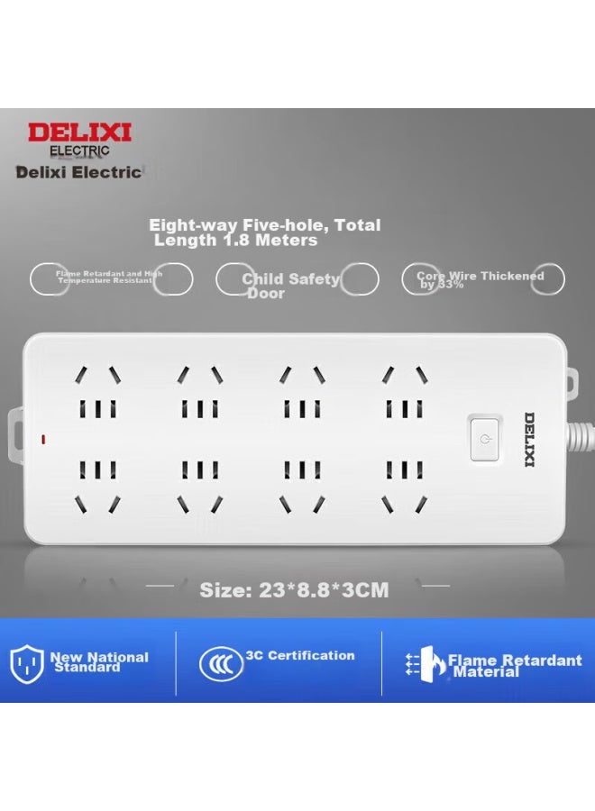 Delixi New National Standard Socket/extension Cord/power Strip/plug/extension Board/plug Board/junction Box 8 Outlets 5 Holes Total Control 1.8m - Image 4