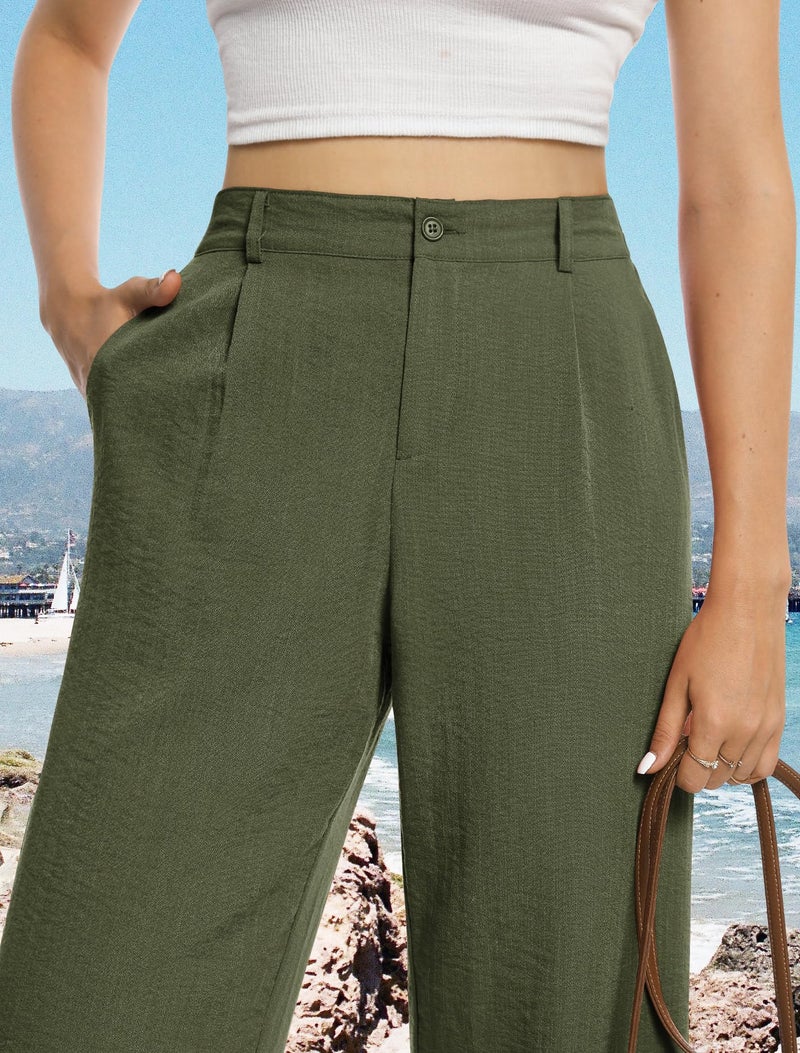 Feiersi Womens Casual Wide Leg Pants High Waisted Button Down Straight Long Trousers Palazzo Pants(Army Green,Small) - Image 2