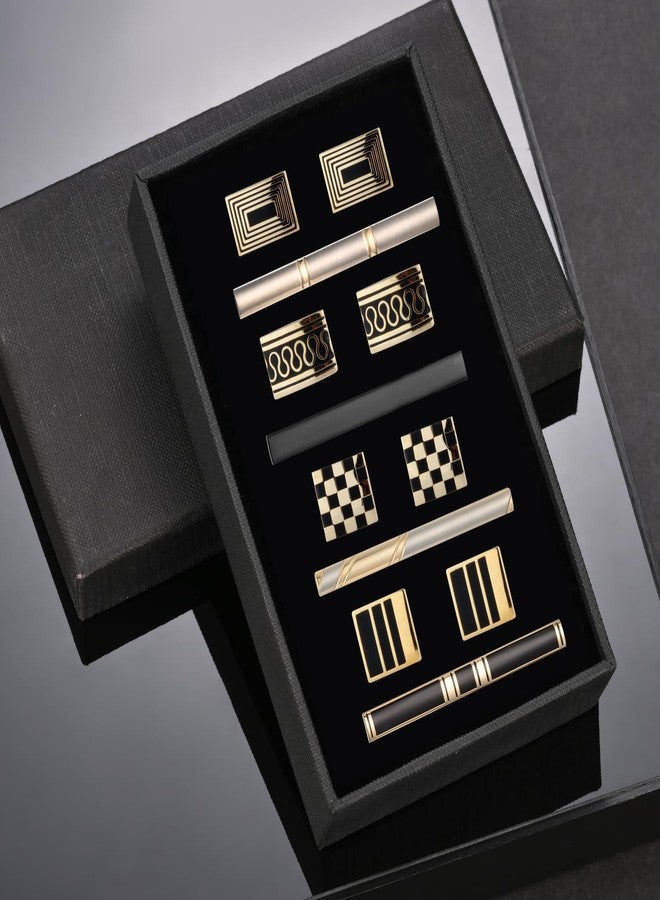 UJOY Fashion Tie Pin and Cufflinks Set for Men in Gift Box Gold Enamel Black 4 Sets - Image 2