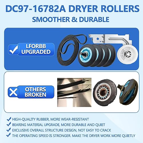 LFORBB 【Upgraded】Dryer Roller Replacement Part for Samsung DV42H5000EWA3 DV45H7000EWA2 DV48H7400EWA2 DV42H5200EPA3 DV40J3000EWA2, DC97-16782A Dryer Roller DC93-00634A Idler Pulley 6602-001655 Dryer Belt Kit - Image 2
