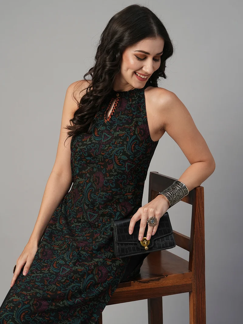 globus Women Keyhole Halter Neck Ethnic Print Straight Kurta With Mid-Rise Pants Fusion Set