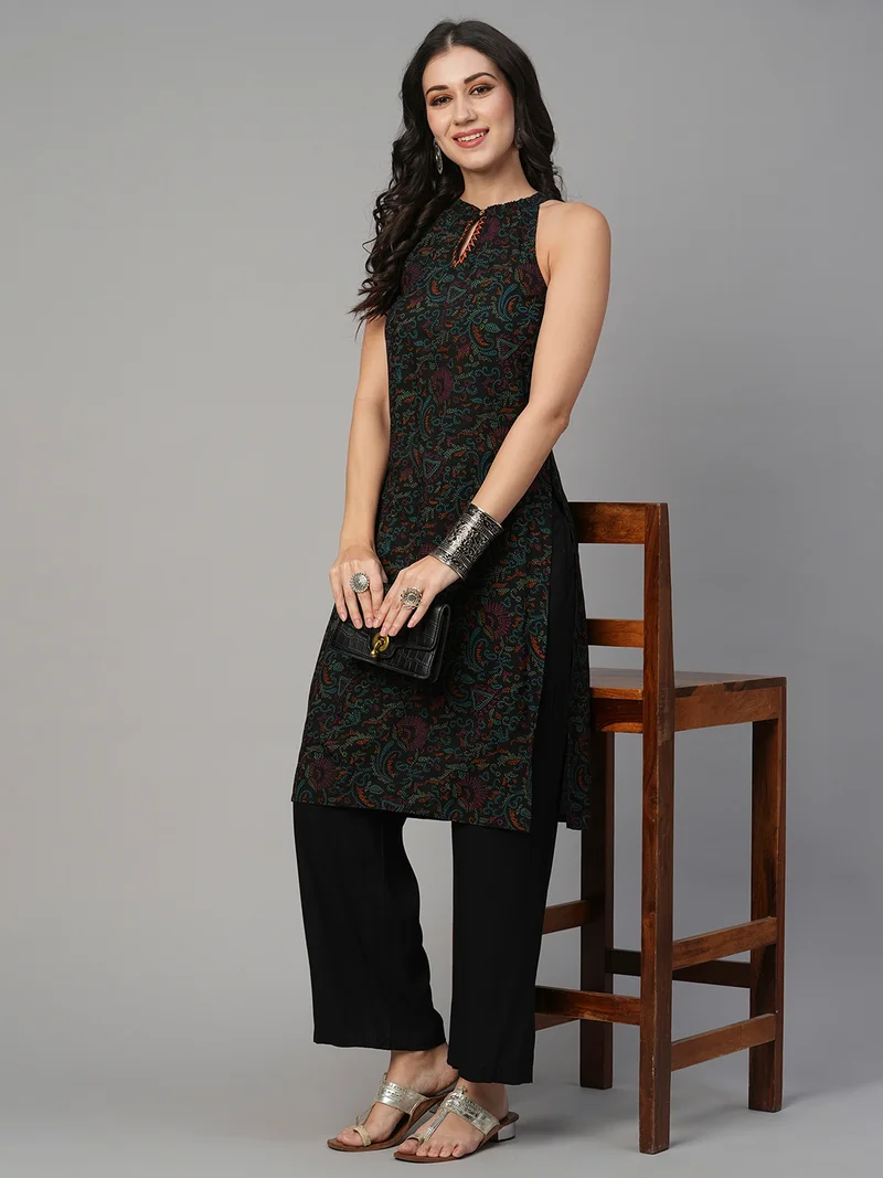 globus Women Keyhole Halter Neck Ethnic Print Straight Kurta With Mid-Rise Pants Fusion Set