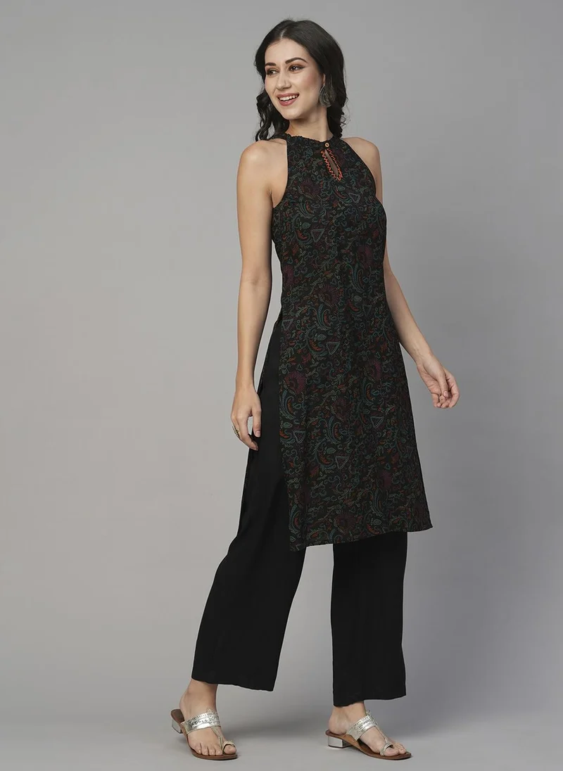 globus Globus Women Keyhole Halter Neck Ethnic Print Straight Kurta With Mid-Rise Pants Fusion Set