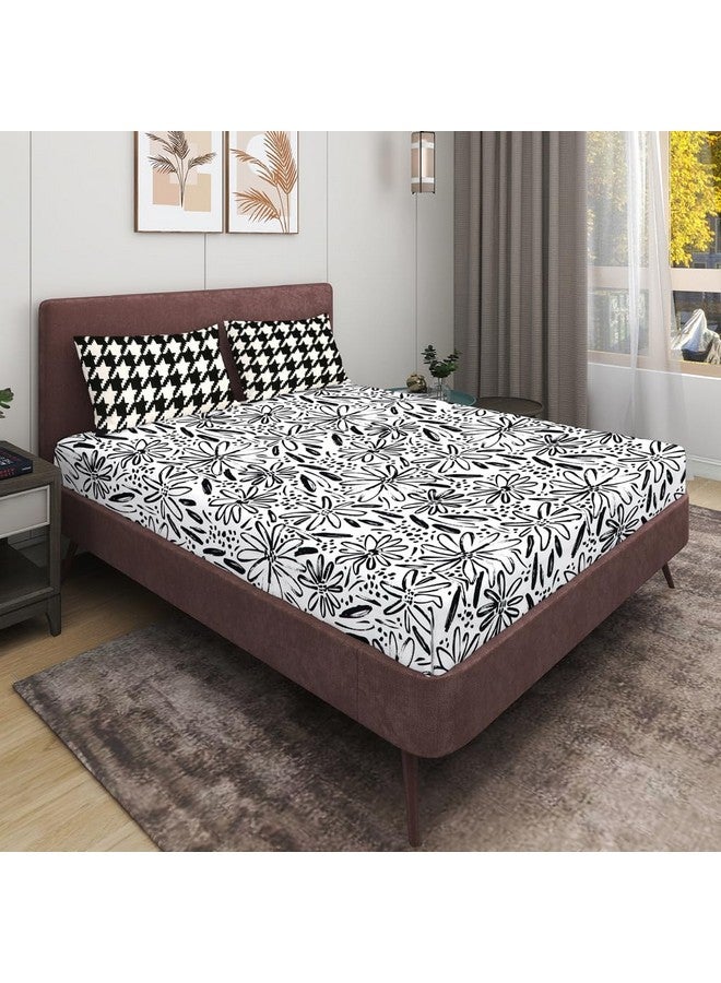 RD TREND® Presents Luxurious Supersoft Cotton Feel 210 Tc (100x108 Inch) bedsheet for Double Bed King Size with 2 Pillow Covers Size 18x28 Inch Color- White Black Pattern-Floral - Image 1