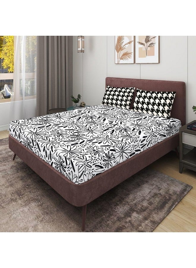 RD TREND® Presents Luxurious Supersoft Cotton Feel 210 Tc (100x108 Inch) bedsheet for Double Bed King Size with 2 Pillow Covers Size 18x28 Inch Color- White Black Pattern-Floral - Image 4