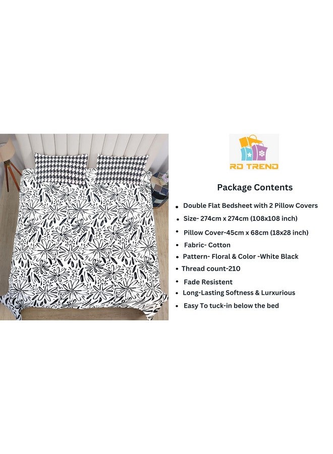 RD TREND® Presents Luxurious Supersoft Cotton Feel 210 Tc (100x108 Inch) bedsheet for Double Bed King Size with 2 Pillow Covers Size 18x28 Inch Color- White Black Pattern-Floral - Image 5