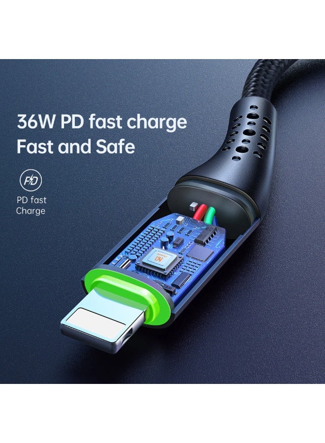 Fast Charging CA-736 Type-C to Lightning Cable, 36W PD with Auto Pause and Smart Recharge Every 2 Hours, Premium Zinc Alloy Design and Nylon Braided Wire, LED Indicator + Overcharge Protection + Fast Data Transfer, Safe and Durable Performance with Up to 3A Current