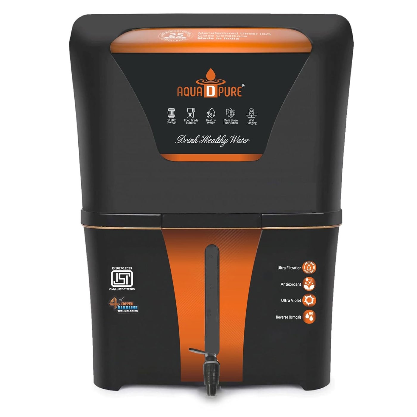 AQUA D PURE 4x Technology with Alkaline Purification 10 Stage RO Water Purifier with UV UF TDS Adjuster and 12 Liter Storage Tank Best for Home and Offices