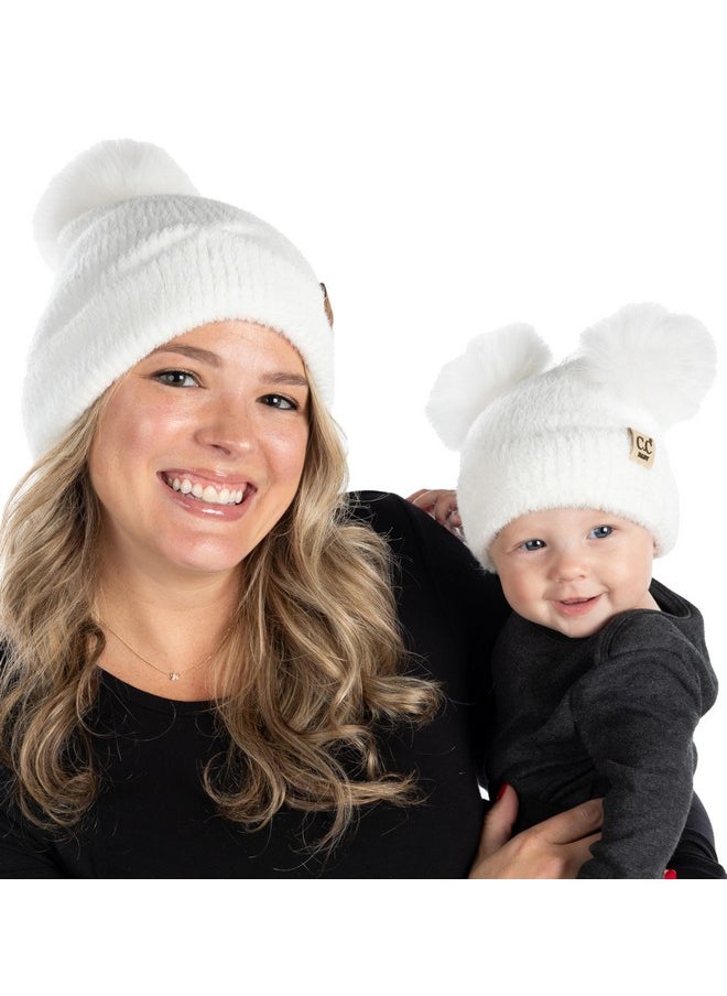 Funky Junque - Mommy And Me Winter Hats, Matching Chenille Pom Pom Beanies For Mom And Child, Ivory (2 Pack) Christmas Matching Outfits - Image 1