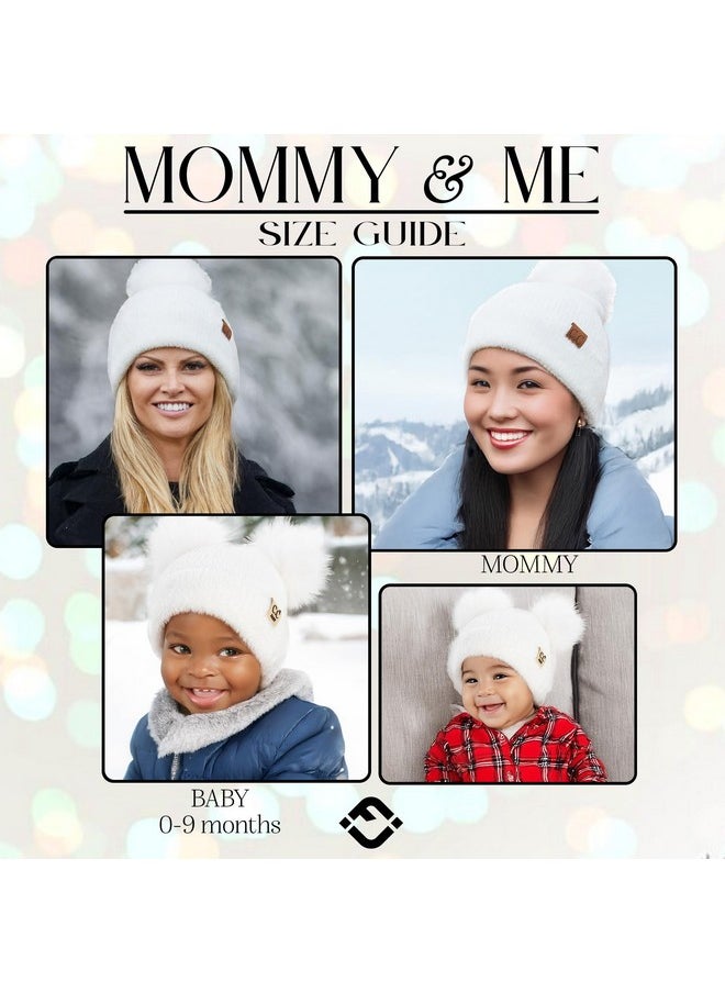 Funky Junque - Mommy And Me Winter Hats, Matching Chenille Pom Pom Beanies For Mom And Child, Ivory (2 Pack) Christmas Matching Outfits - Image 1