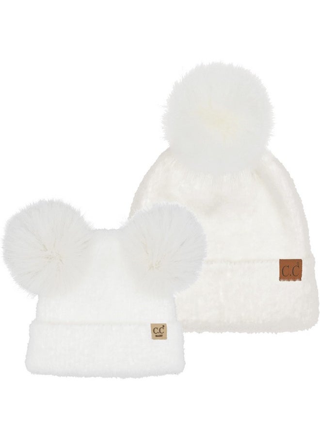 Funky Junque - Mommy And Me Winter Hats, Matching Chenille Pom Pom Beanies For Mom And Child, Ivory (2 Pack) Christmas Matching Outfits - Image 1