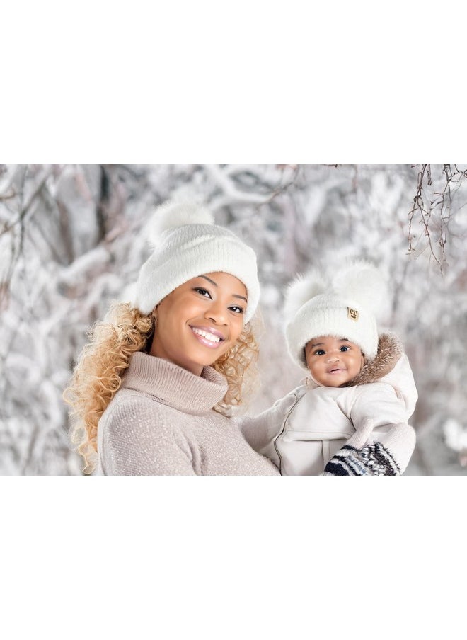 Funky Junque - Mommy And Me Winter Hats, Matching Chenille Pom Pom Beanies For Mom And Child, Ivory (2 Pack) Christmas Matching Outfits - Image 1