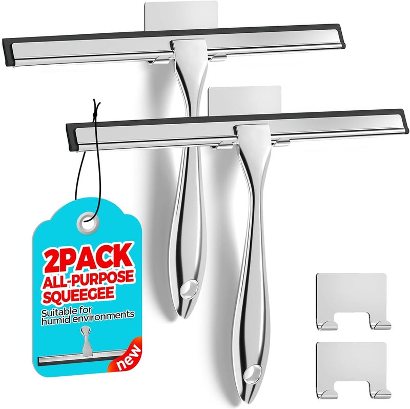 ALFLOD 2PACK ممسحة دش لأبواب الدش، جدران الدش المبلطة، الحمام، النافذة، الزجاج وزجاج السيارة الأمامي، المرايا والمطبخ - ستانلس ستيل، 9.8 بوصة، فضي - Image 1