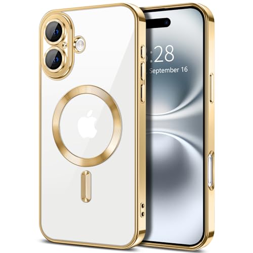 Hython Magnetic Clear for iPhone 16 Case with Camera Lens Protector [Compatible with MagSafe] Luxury Plating Edge Slim Soft TPU Cover Protective Phone Case for iPhone 16 6.1", Gold - Image 1