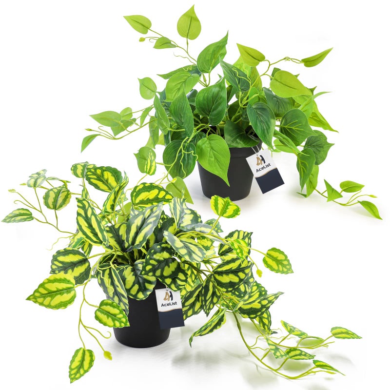 AceList 2 Pack Fake Plants Artificial Plants for Home Decor Indoor Realistic Fake Watermelon Leaves with Black Pot for Bedroom Living Room Shelf Outdoor Office Decor