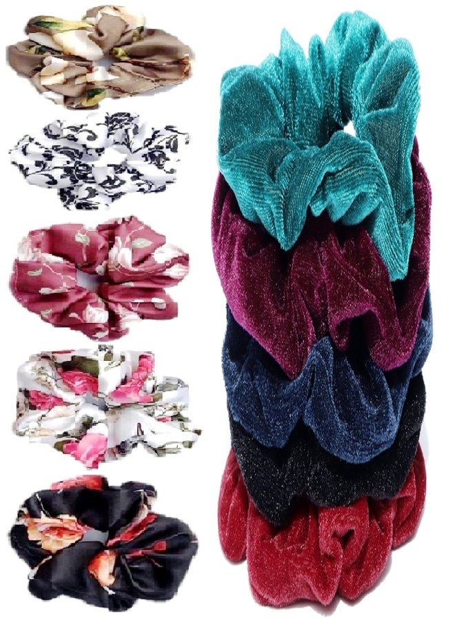 DIAN Multicolor Pack of 10 Hair Scrunchies, Ponytail Holder, Hair Tie, Hair Bow, Rubber Bands in Velvet Fabric & Printed for Women, Teens and Girls - Image 1