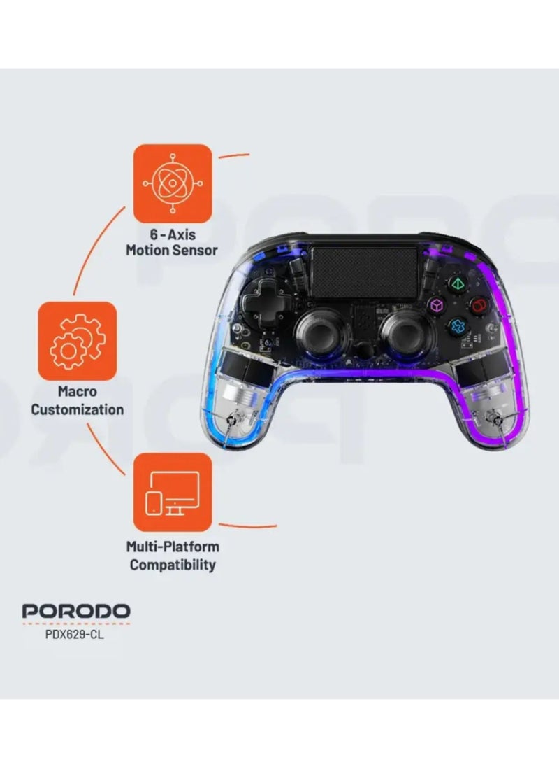 porodo Gaming PS4 Gamepad Transparent Controller, PS4, PS3, PC (D-INPUT, X-INPUT), iOS, Android Compatibility, 3.5mm TRRS Audio Jack, Type-C Charging Port, 6-16 Hours Working Time - Clear  - Image 3