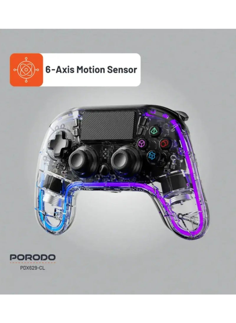 porodo Gaming PS4 Gamepad Transparent Controller, PS4, PS3, PC (D-INPUT, X-INPUT), iOS, Android Compatibility, 3.5mm TRRS Audio Jack, Type-C Charging Port, 6-16 Hours Working Time - Clear  - Image 4