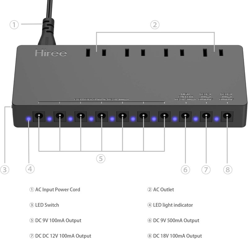 Hiree Guitar Pedal Power Supply Adapter Station Distributor 10 Isolated DC Output for 9V/12V/18V Effect PedalBoard with 4 AC Outlet for Charging Speaker, Musical Instruments - Image 5