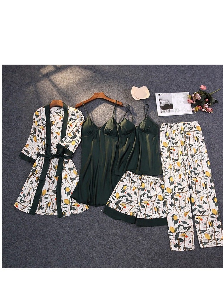 5-Pack Women's Sleepwear Sets Sling Lace Nightdress Sweet Pajama Home Wearing Clothes Loungewear Suits Floral Printing Ladies Nightwear Lingerie Robe Underwear Shorts Summer Spring Olive green - Image 1