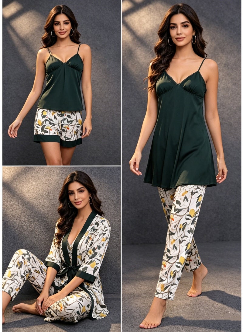 5-Pack Women's Sleepwear Sets Sling Lace Nightdress Sweet Pajama Home Wearing Clothes Loungewear Suits Floral Printing Ladies Nightwear Lingerie Robe Underwear Shorts Summer Spring Olive green - Image 5