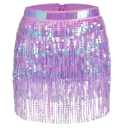 Fenyong Women's Sequin Tassel Skirts Sparkly Rave Fringe Hip Scarf for Festival Costume(Light Purple) - Image 1