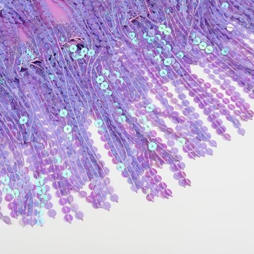 Fenyong Women's Sequin Tassel Skirts Sparkly Rave Fringe Hip Scarf for Festival Costume(Light Purple) - Image 4