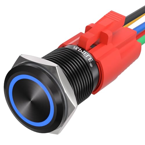 APIELE 16mm Momentary Black Push Button Switch On Off with 12V LED Angel Ring Head for 16mm 0.63" Mounting Hole with Wire Socket Plug Self-Reset (Blue/Black Shell) - Image 1
