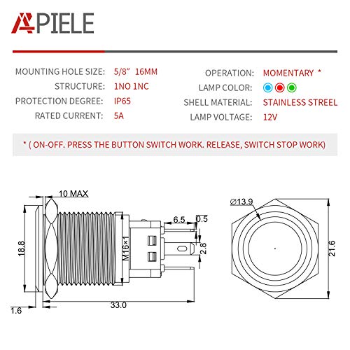 APIELE 16mm Momentary Black Push Button Switch On Off with 12V LED Angel Ring Head for 16mm 0.63" Mounting Hole with Wire Socket Plug Self-Reset (Blue/Black Shell) - Image 2
