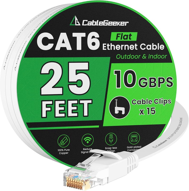 CableGeeker Cat 6 Ethernet Cable 25 ft, Indoor&Outdoor, High Speed 10Gbps Flat Internet Network Cable, Cat6 Ethernet Patch Cable Long, Computer LAN Cable with Free Clips & Straps for Router, Modem, PS4/5, White - Image 1