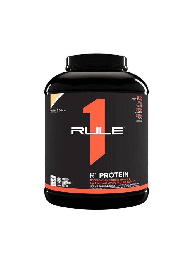 Rule 1 Proteins بروتين واي عزل R1 - مع 25 جرام بروتين و 6 جرام BCAA حصريًا من مصادر معزولة ومحللة لاستعادة الطاقة بعد التمرين (5 أرطال*، بسكويت وكريمة) - Image 1