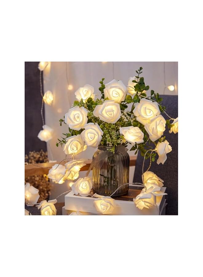 The Bros 20 لمبة LED تعمل بالبطارية سلسلة ضوء زهرة الورد الرومانسية، أضواء سلسلة زهرة الورد LED، زينة داخلية وخارجية بقطر زهرة الورد الكبير 6 سم (أبيض) - Image 2