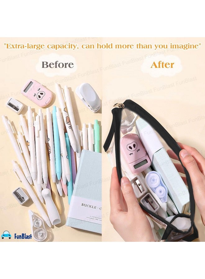 فنبلاست حقيبة أقلام FunBlast Pvc كبيرة السعة، حقيبة أقلام شفافة مع إغلاق بسحاب حقيبة مكياج محمولة، حقيبة جمالية، حقيبة قرطاسية لطيفة للطلاب والفتيات والبالغين والمكاتب (أسود) - Image 4