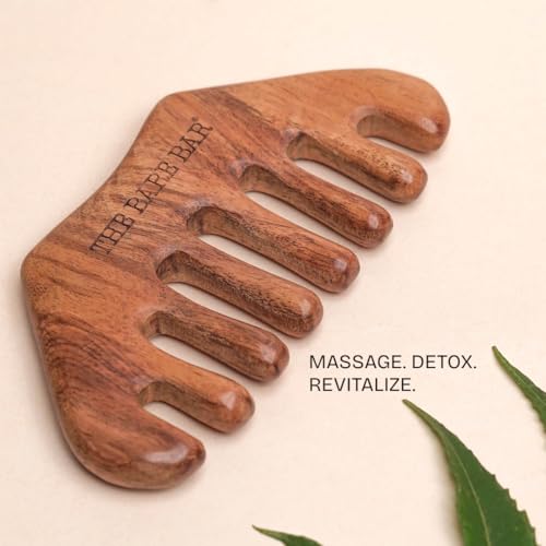 The Bare Bar Neem Wood Massager Comb - Pack of 1 | Wood Head scalp massage comb tool - Gua Sha for hair massager | Wooden wide tooth comb for hair growth | Eco-Friendly Hair Care Tool, Brown - Image 4