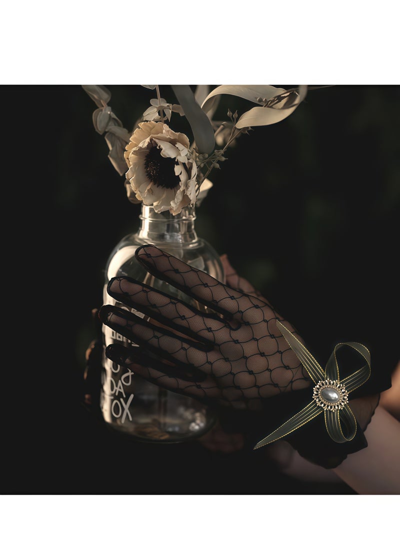 1920s Tea Party Gloves for Women Lace Gloves Mesh Gloves Elegant Short Vintage Bow Short Prom Glove Evening Elegant Accessories for Wedding - Image 3