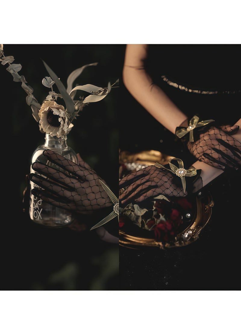 1920s Tea Party Gloves for Women Lace Gloves Mesh Gloves Elegant Short Vintage Bow Short Prom Glove Evening Elegant Accessories for Wedding - Image 2