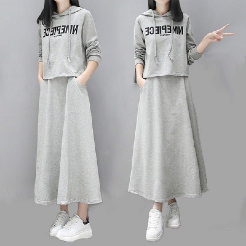2023 Long Letter Print Sweater Dress Casual Two-Piece Set for Women Grey - Image 2
