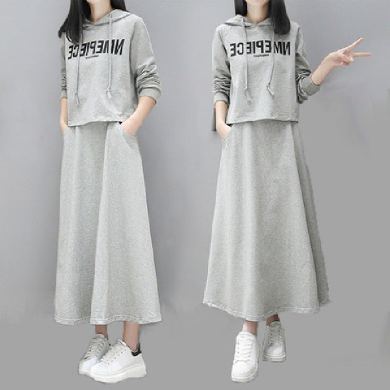 2023 Long Letter Print Sweater Dress Casual Two-Piece Set for Women Grey - Image 1