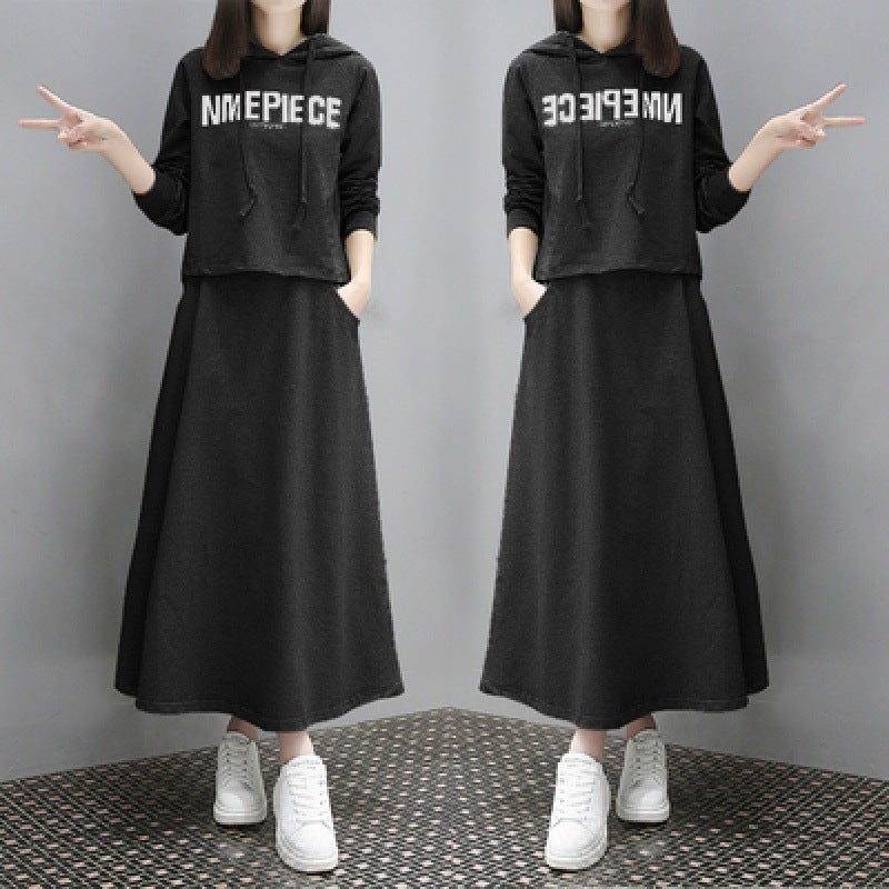 2023 Long Letter Print Sweater Dress Casual Two-Piece Set for Women Grey - Image 4