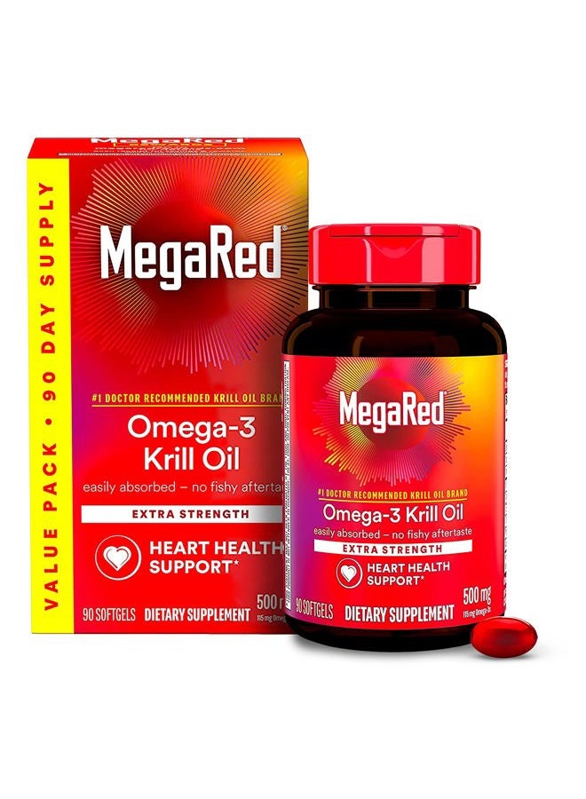 Megared Antarctic Krill Oil 500mg Omega 3 Fatty Acid Supplement, Extra Strength EPA & DHA Krill Oil Softgels (90cnt Box), Astaxanthin, Heart Health Supplement with No Fish Oil Aftertaste  - Image 1