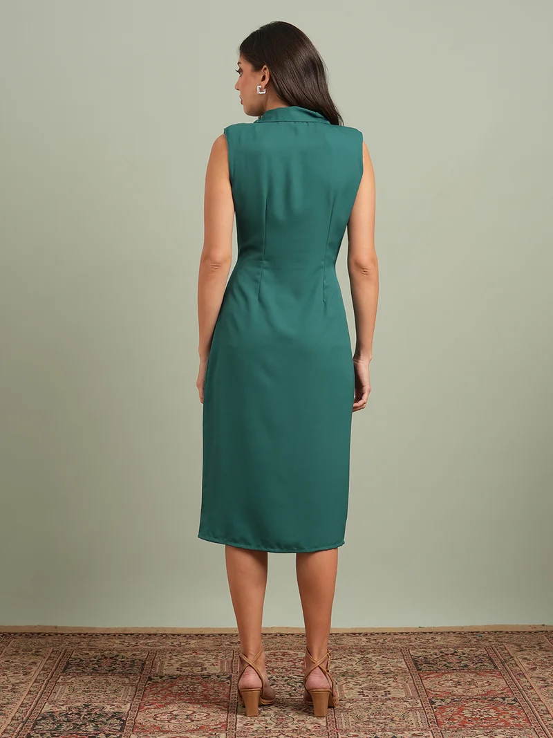 globus Women Green Notch Lapel Solid Pleated Detail Midi Workwear Blazer Dress